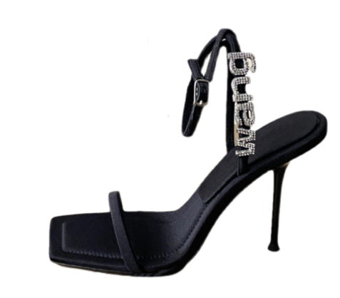 Women's New Summer Rhinestone-Embellished Letter Square Toe Stiletto Heels