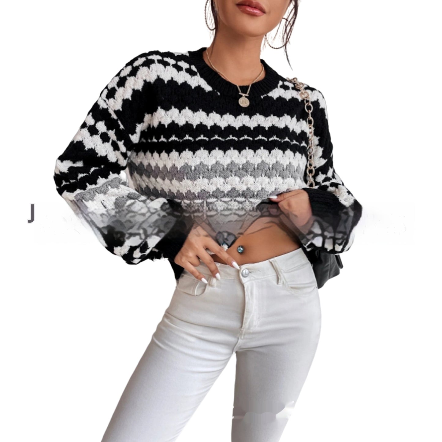 Black and White Striped Loose-Fit Mid-Length Knit Sweater