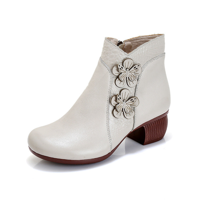 Soft Cattlehide Leather Martin Boots with Medium Chunky Heels and Floral Design