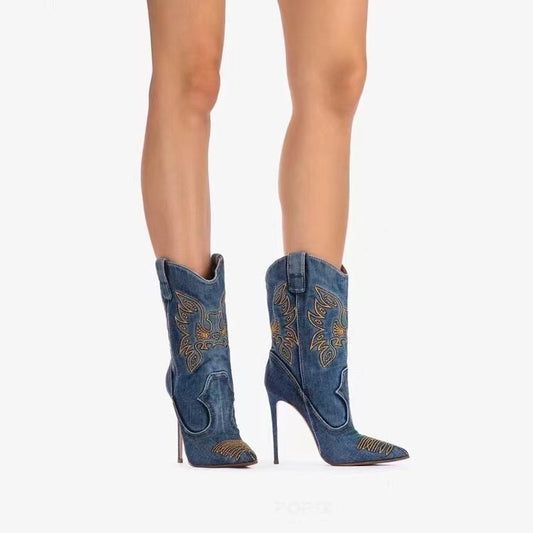 Women's High-Heel Western-Style Denim Fashion Boots