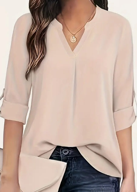 Chic Solid V-Neck Blouse for Women – Fashionable and Relaxed Long Sleeve Casual Style