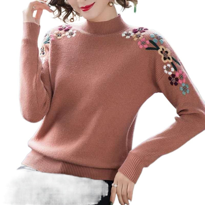 Popular Embroidered Women's New Loose-Fit High Collar Bottoming Shirt