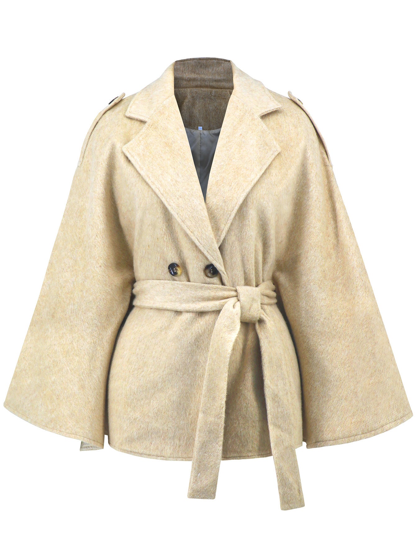 Bandage Style Woolen Coat with Batwing Sleeves and Lapel