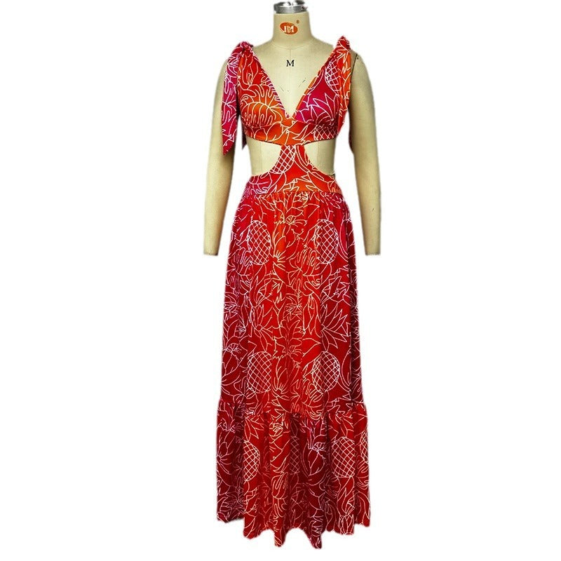 V-Neck Hollow-Out Stitching Long Dress, Perfect for a stylish Vacation Look