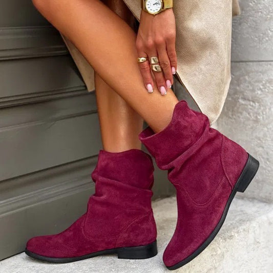 Women's Pile Style Ankle Boots – Round Toe, Low Heel, Chic and Comfortable