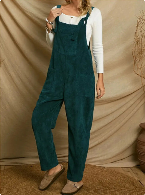 Corduroy Jumpsuit with Shoulder Straps and Multi-Pocket Design