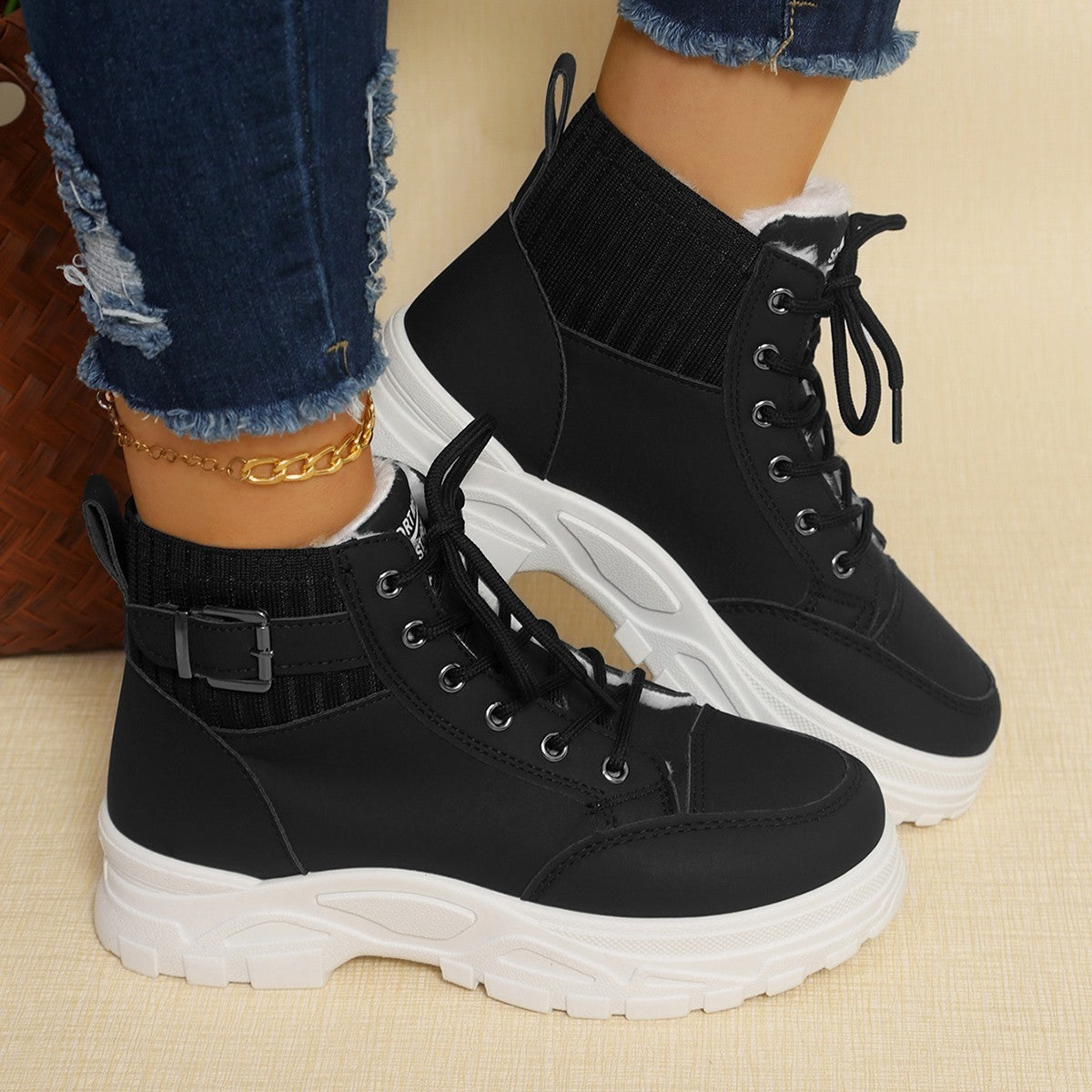 Cozy Plus Size Fleece-Lined High-Top Platform Boots for Women