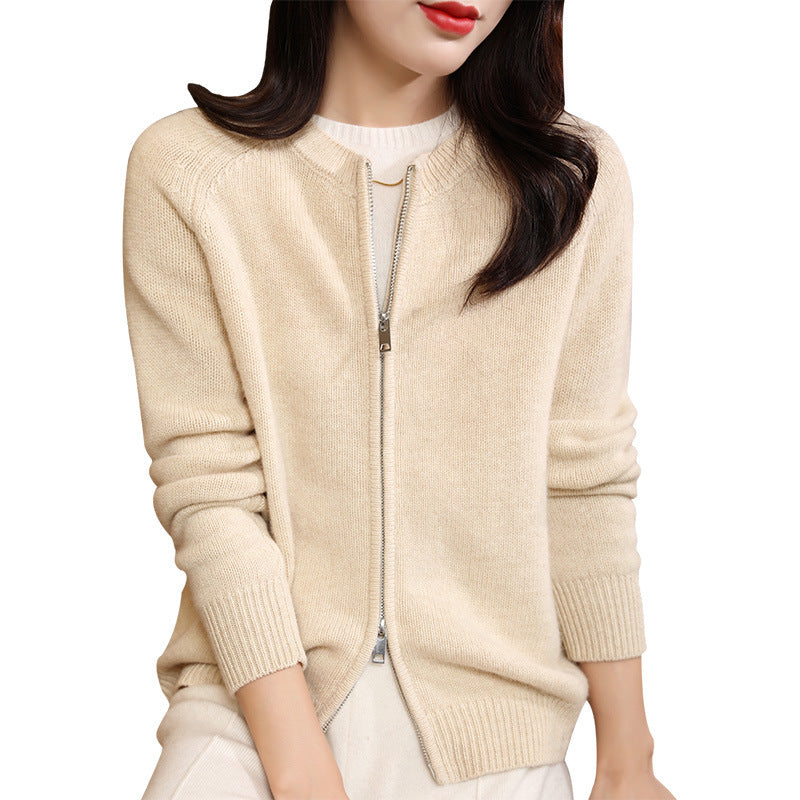 Autumn and Winter Pure Wool Cardigan for Women – Round Neck and Loose Fit