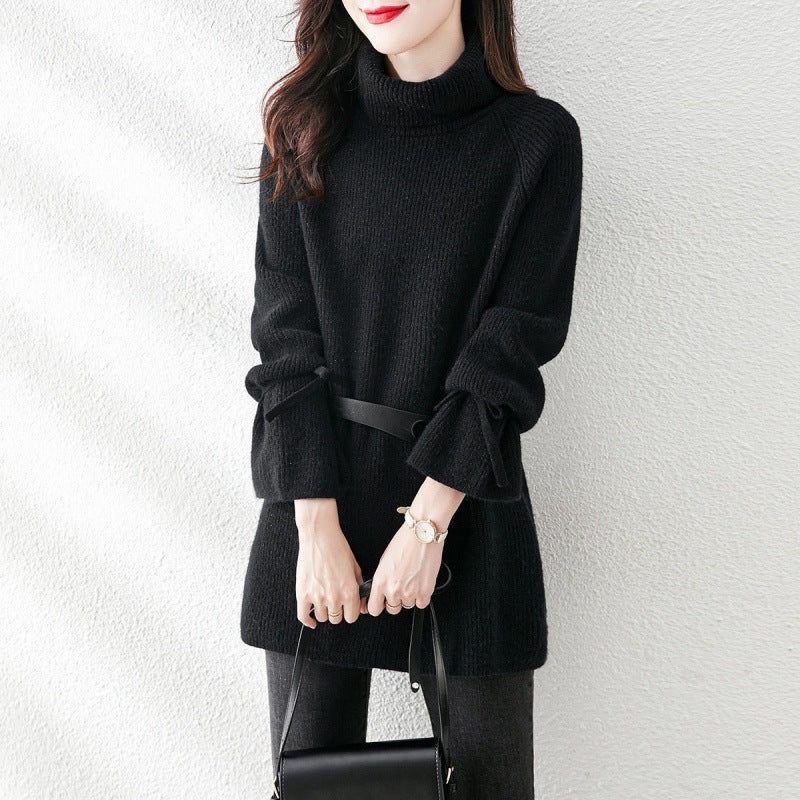 Chic High Collar Lace-up Loose Mid-length Slimming Sweater for Women