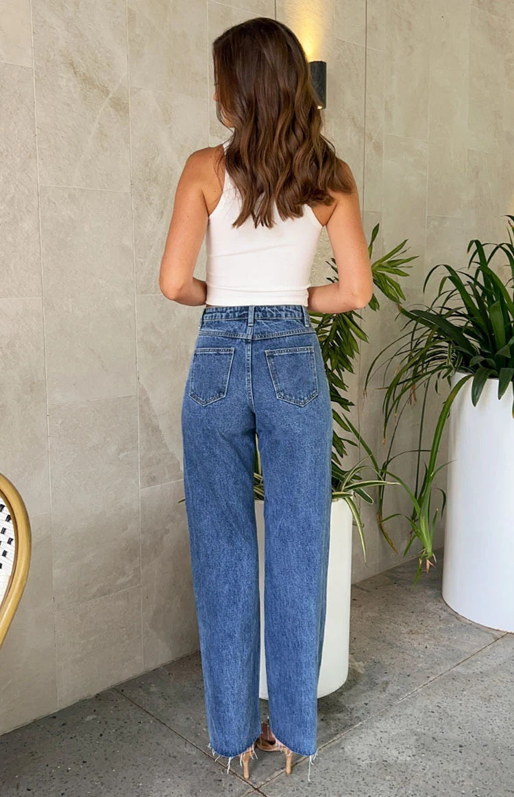 Oblique Waist Beaded Straight-Leg Jeans with Frayed Hem