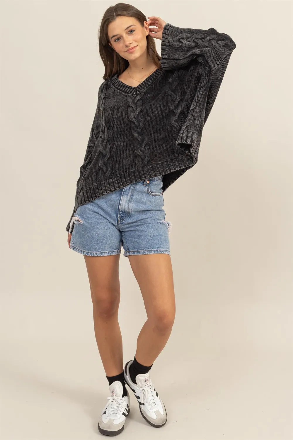 Cable Knit V-Neck Oversized Sweater with Dropped Shoulders