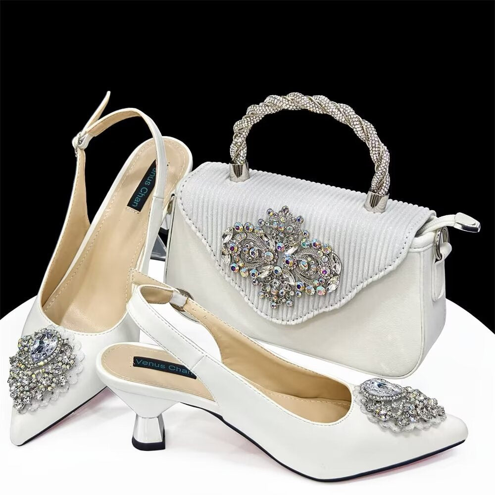 Casual French Style Small Square Pointed Toe Slingback High Heels with Matching Women's Shoes and Bag Set