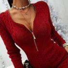 Women's Mid-Length Slim Fit Knit Dress Sweater - Solid Color V-Neck Pullover with Zip-Up Detail