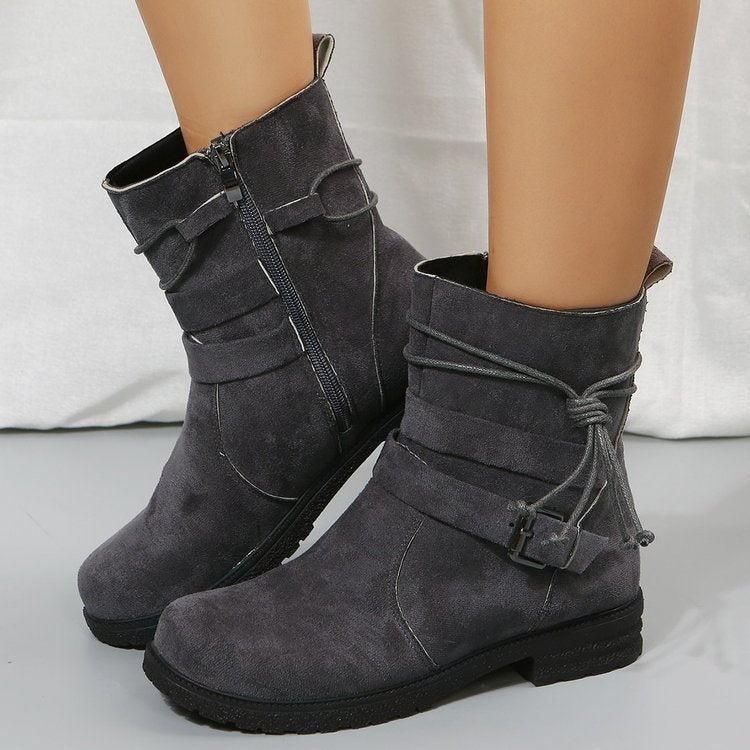 New Fashion Mid-Calf Boots with Side Zipper, Buckle Detail, Square Heel, and Round Toe