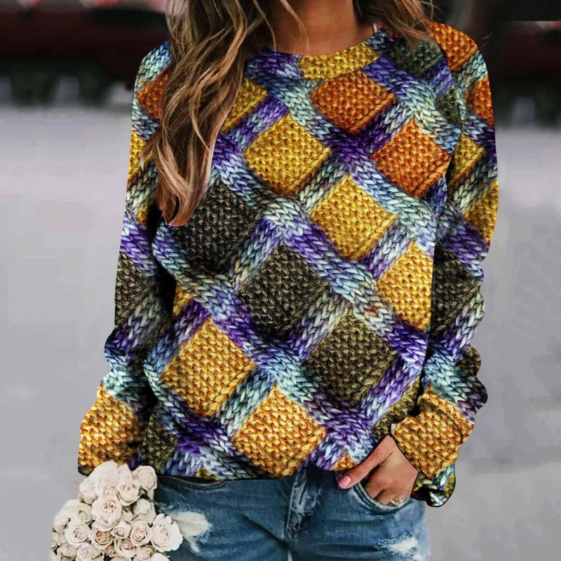 Creative Sweater with Printed Patchwork, Round Neck, and Raglan Long Sleeves