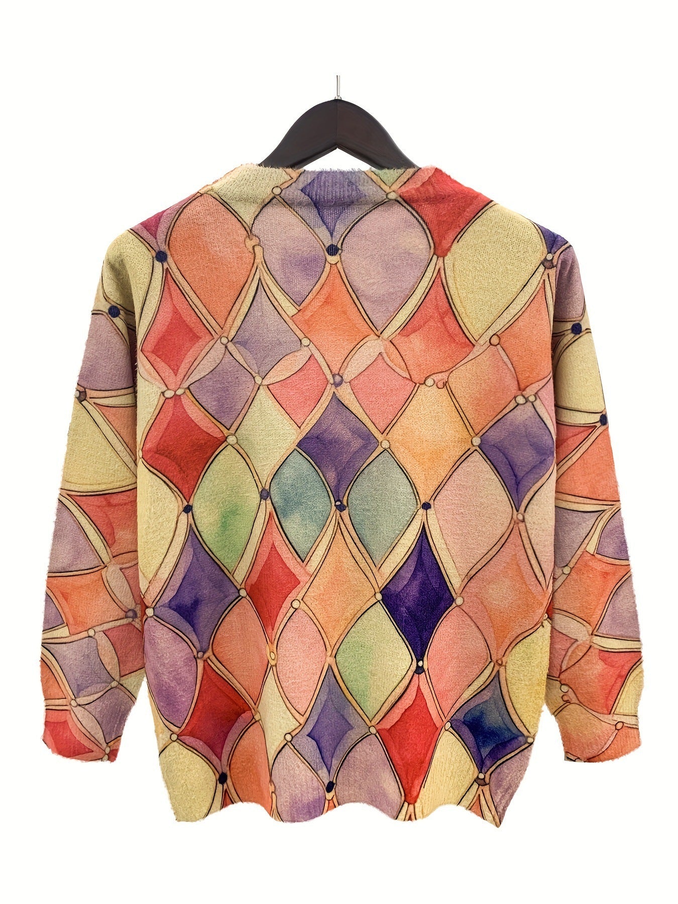 Women's V-Neck Long-Sleeve Sweater with Rhombus Print