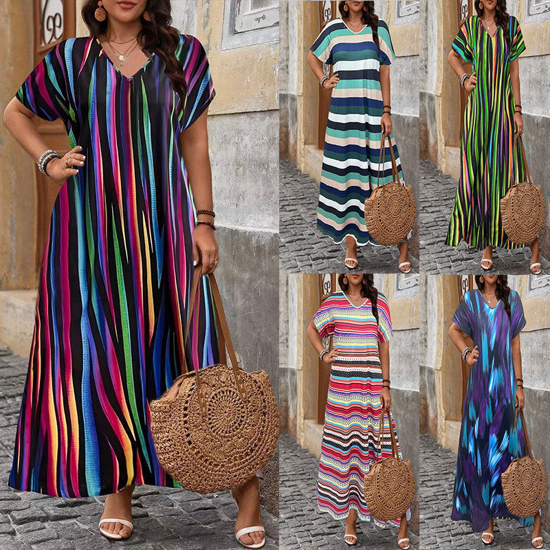 Plus Size Women's Dress with Printed Slit Hemline at the Bottom