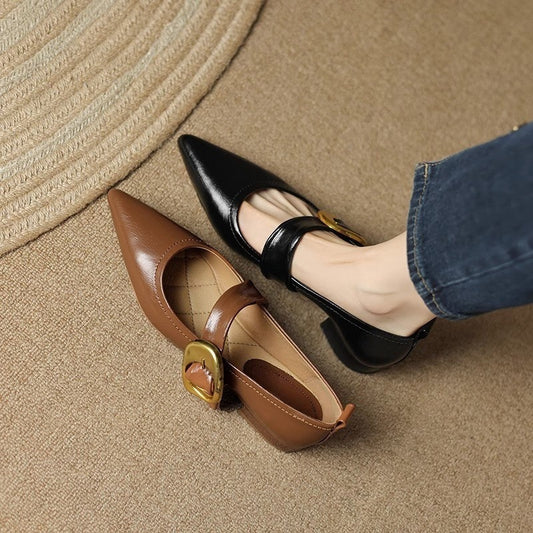 French Style Pointed Toe Low Heel Buckle Leather Shoes