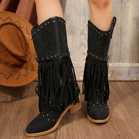 Retro Tassel Plus Size Wellingtons for Women with Slimming Effect