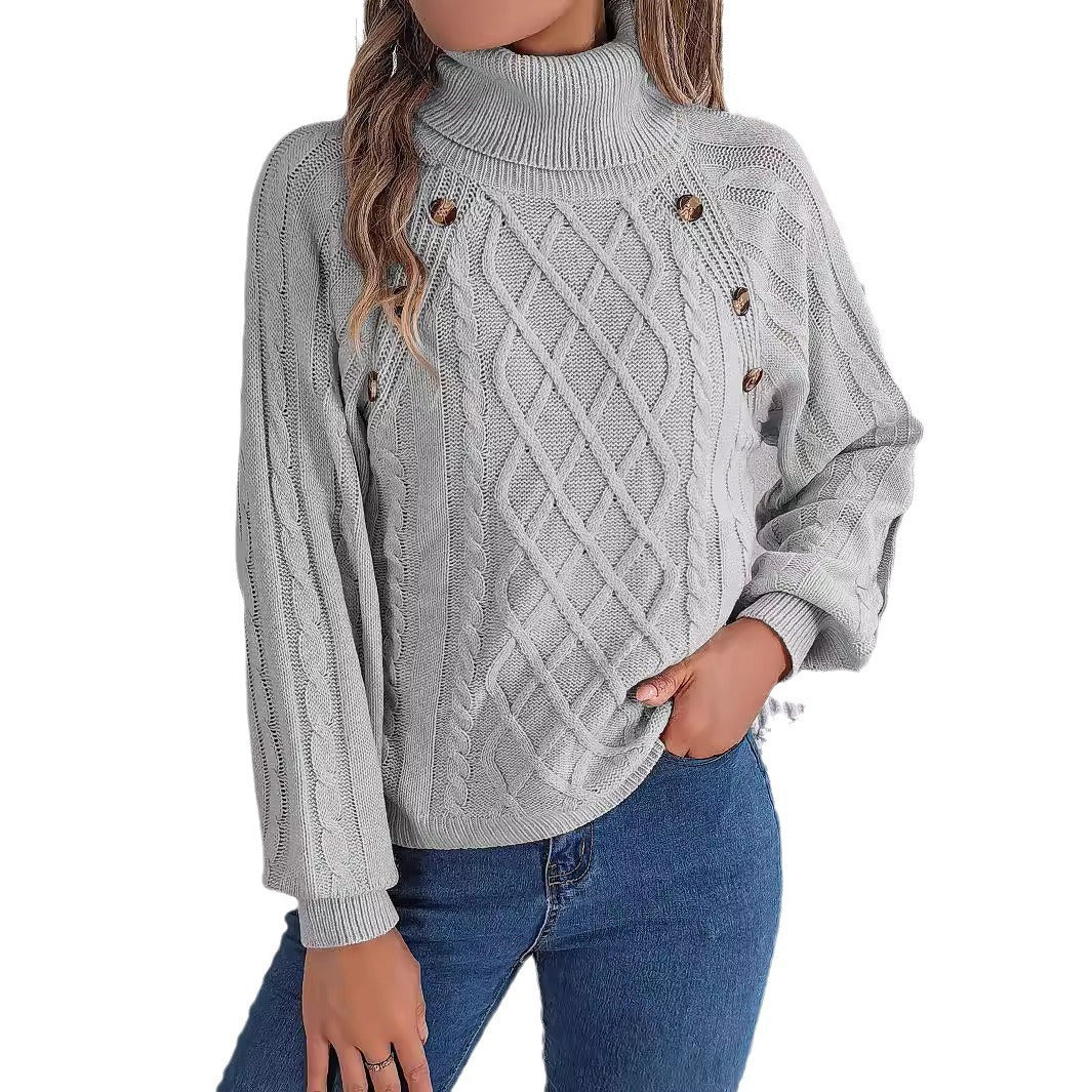 Casual Button-Detail Cable-Knit Turtleneck Sweater with Lantern Sleeves