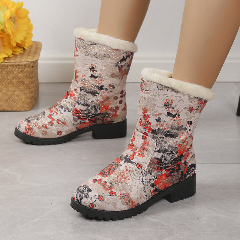 European and American Floral Plus Velvet Snow Boots for Women