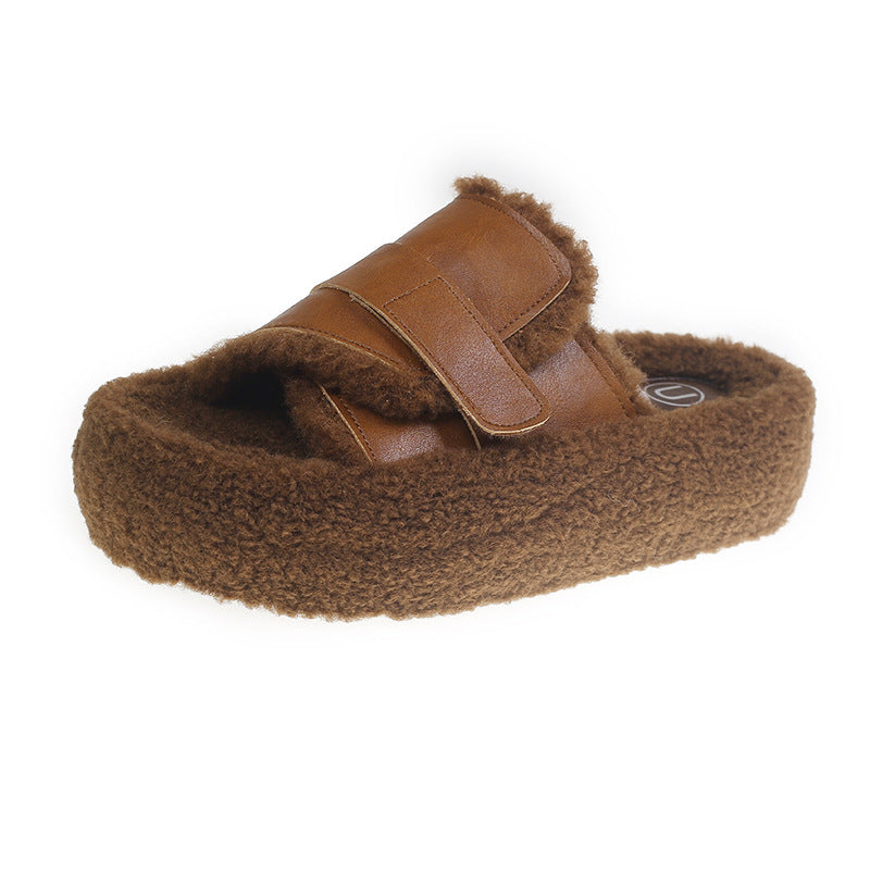 Women's Autumn and Winter Outerwear Lamb Wool Fleece-Lined Casual Fluffy Slippers