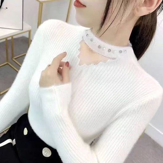 Lace Collar Hollow-Out Rhinestone Detail Pullover Sweater