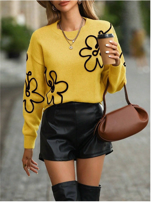 Fashionable Solid Color Flower Jacquard Knit Pullover Sweater