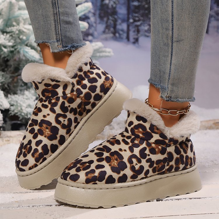 Thickened Fleece-Lined Leopard Print Slip-On Cotton Boots