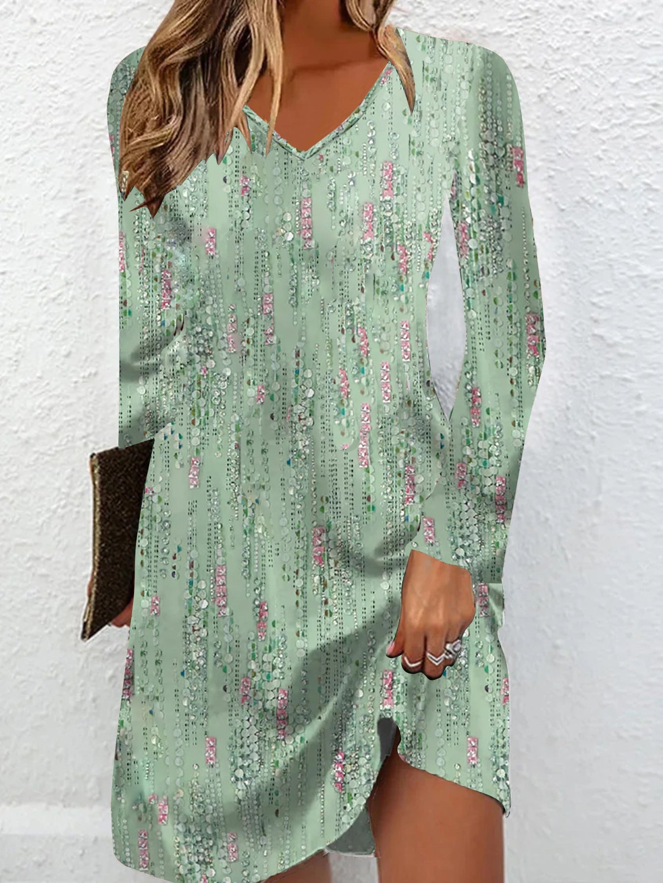 European and American Long-Sleeve Dress with Digital Print Design