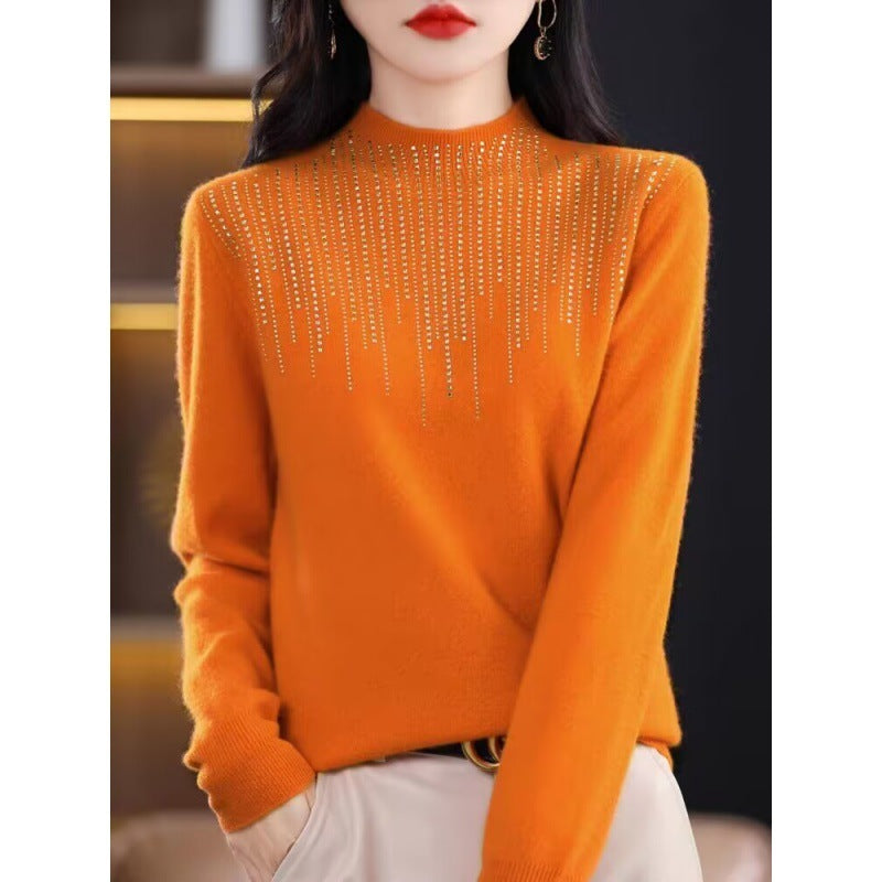 Women's Diamond-Embedded Half-Turtleneck Wool Sweater Pullover