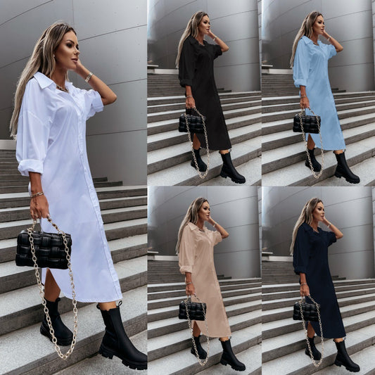 Autumn Fashionable With Side-slit Loose Casual Solid Color Shirt Dress