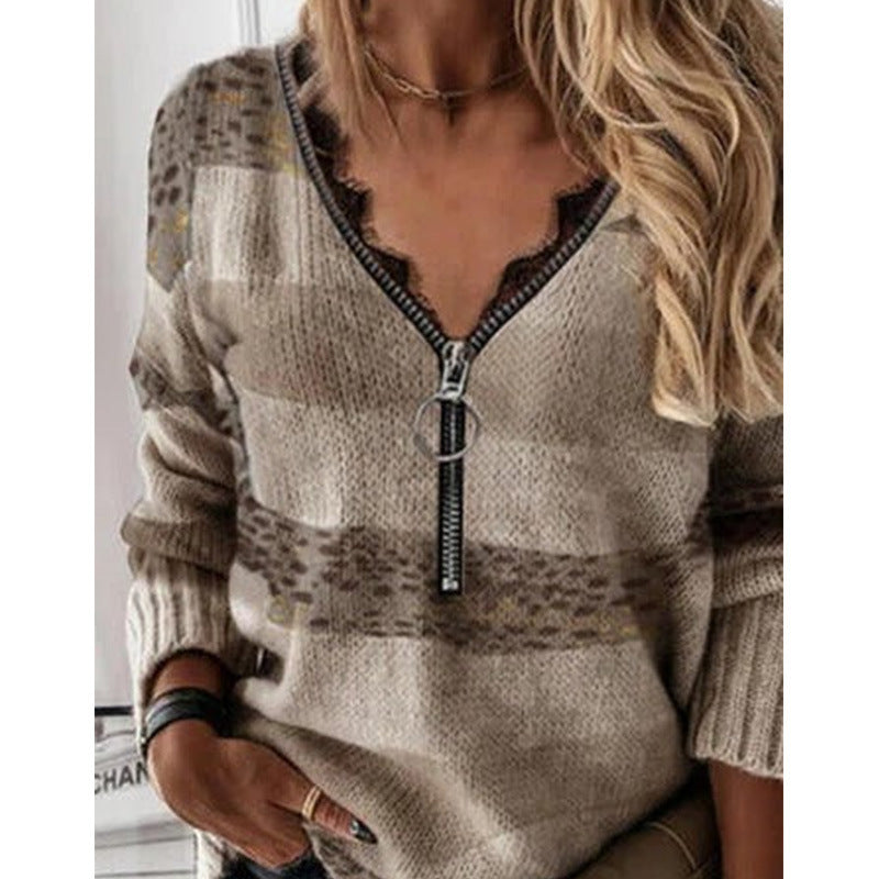 Autumn and Winter Striped Stitching Sweater Top for Women