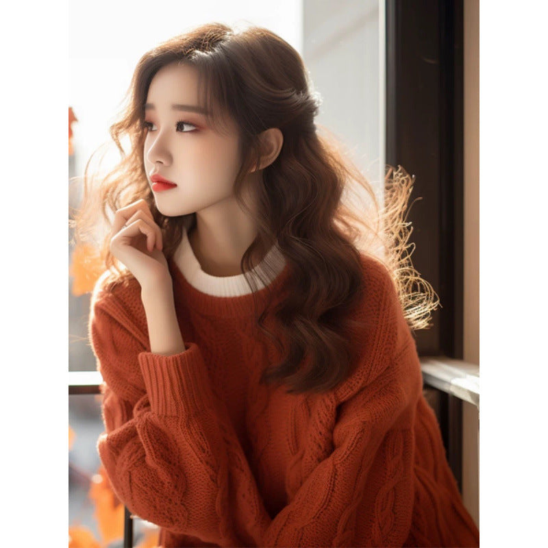 Orange Round Neck Loose Knitted Top – Classic Inner Wear for Fall and Winter