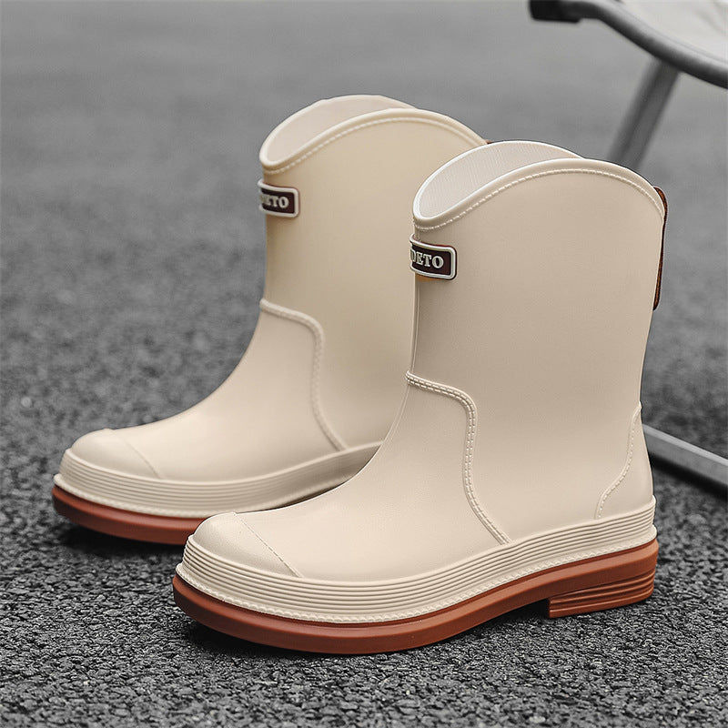 Waterproof Mid-Calf Rubber Boots for Women – Stylish Contrast Color Design