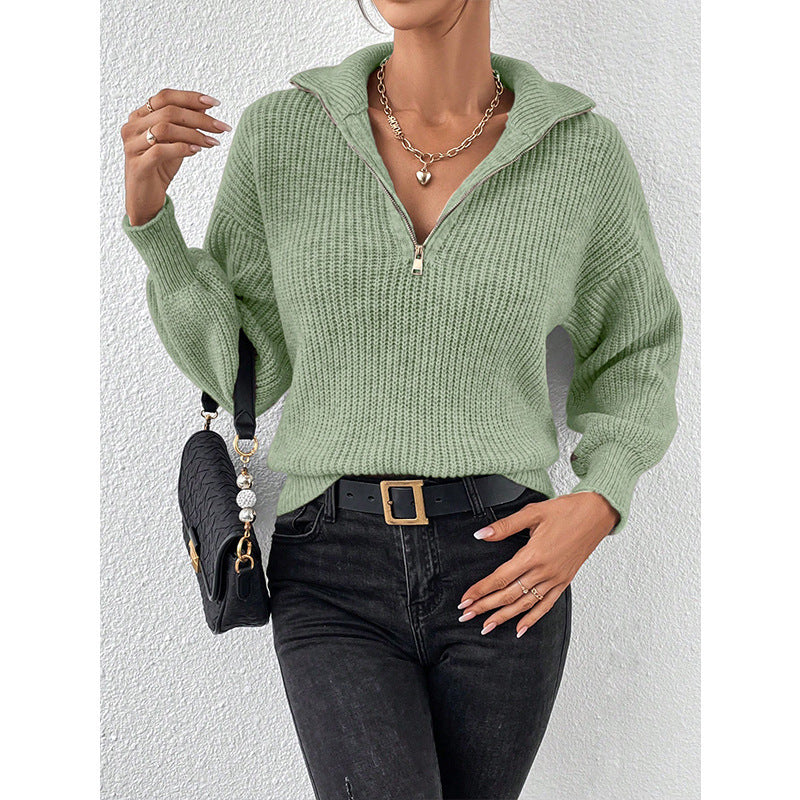 Women's Solid Color Zipper Pullover Loose-Fit Casual Long Sleeve Sweater