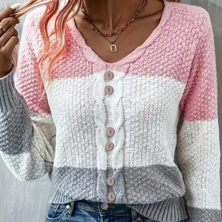 V-Neck Long Sleeve Pullover Knit Top with Fake Button Detail