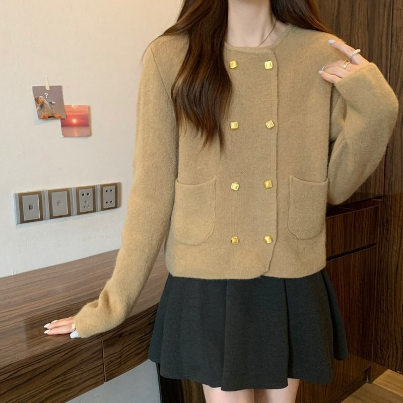 Solid Color Double-Breasted Round Neck Knitted Cardigan for Women