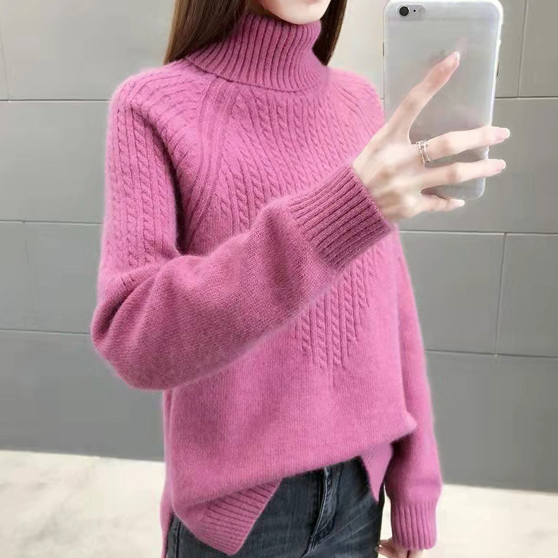 Women's Loose Fit Solid Color Twist Knit High Collar Sweater