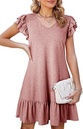 Women's V-Neck Ruffled Loose-Fit Waist Short Sleeve Dress