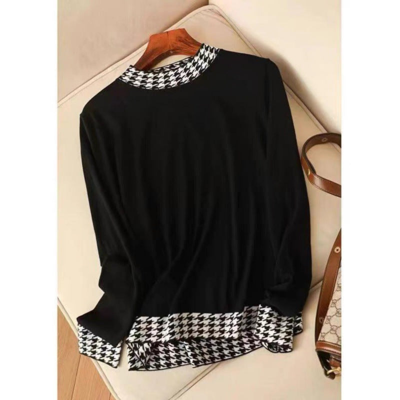 Women's Fashion Houndstooth Stitching Long-Sleeve Sweater