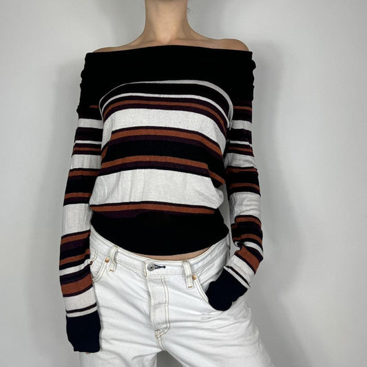 American-Style Casual Off-Shoulder Sweater with Contrast Color Stripes