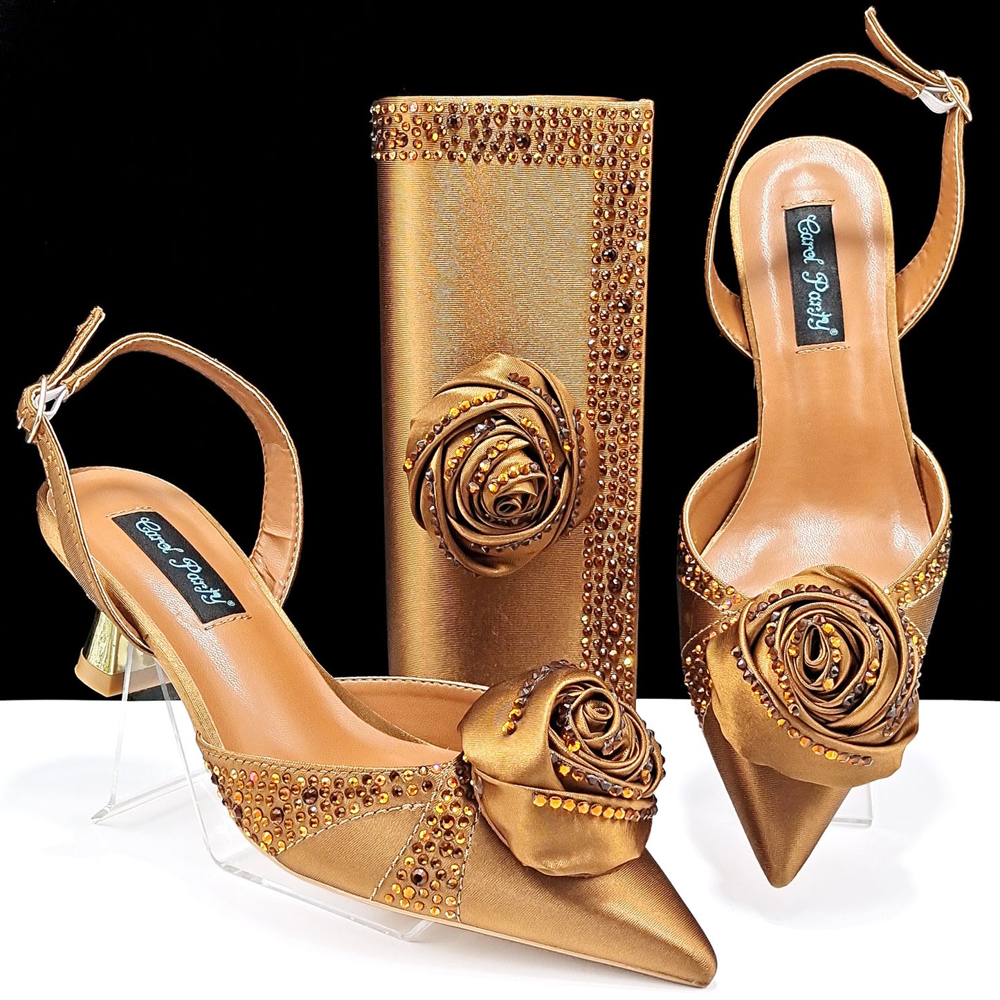 Women's Handmade Flower-Decorated Shoes and Bag Set – High-Temperature Rhinestone Satin High Heels