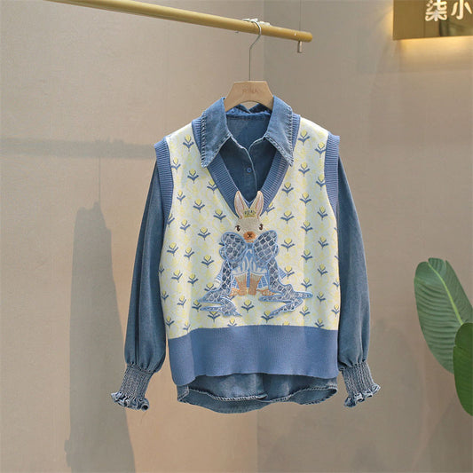 Embroidered Knitted Vest with Cartoon Rabbit Design