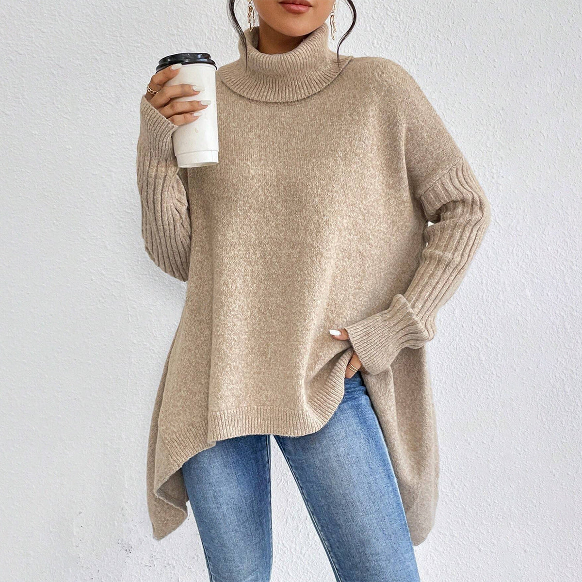 Irregular Hem Turtleneck Knitted Sweater with Loose Shoulders and Vertical Pattern, Long Sleeve