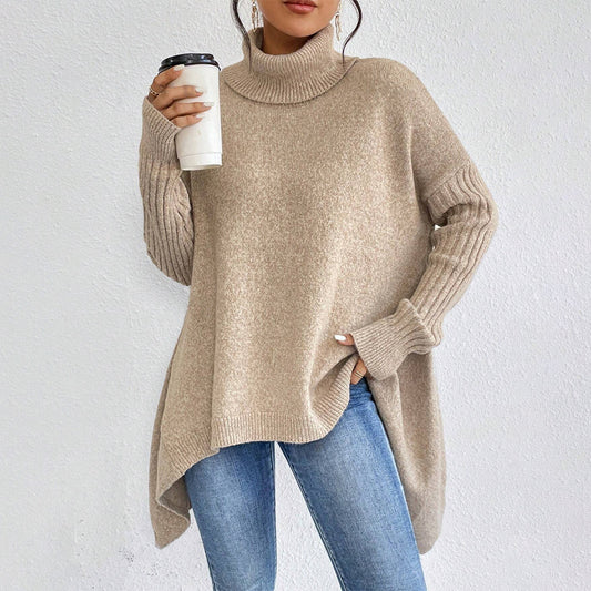 Irregular Hem Turtleneck Knitted Sweater with Loose Shoulders and Vertical Pattern, Long Sleeve