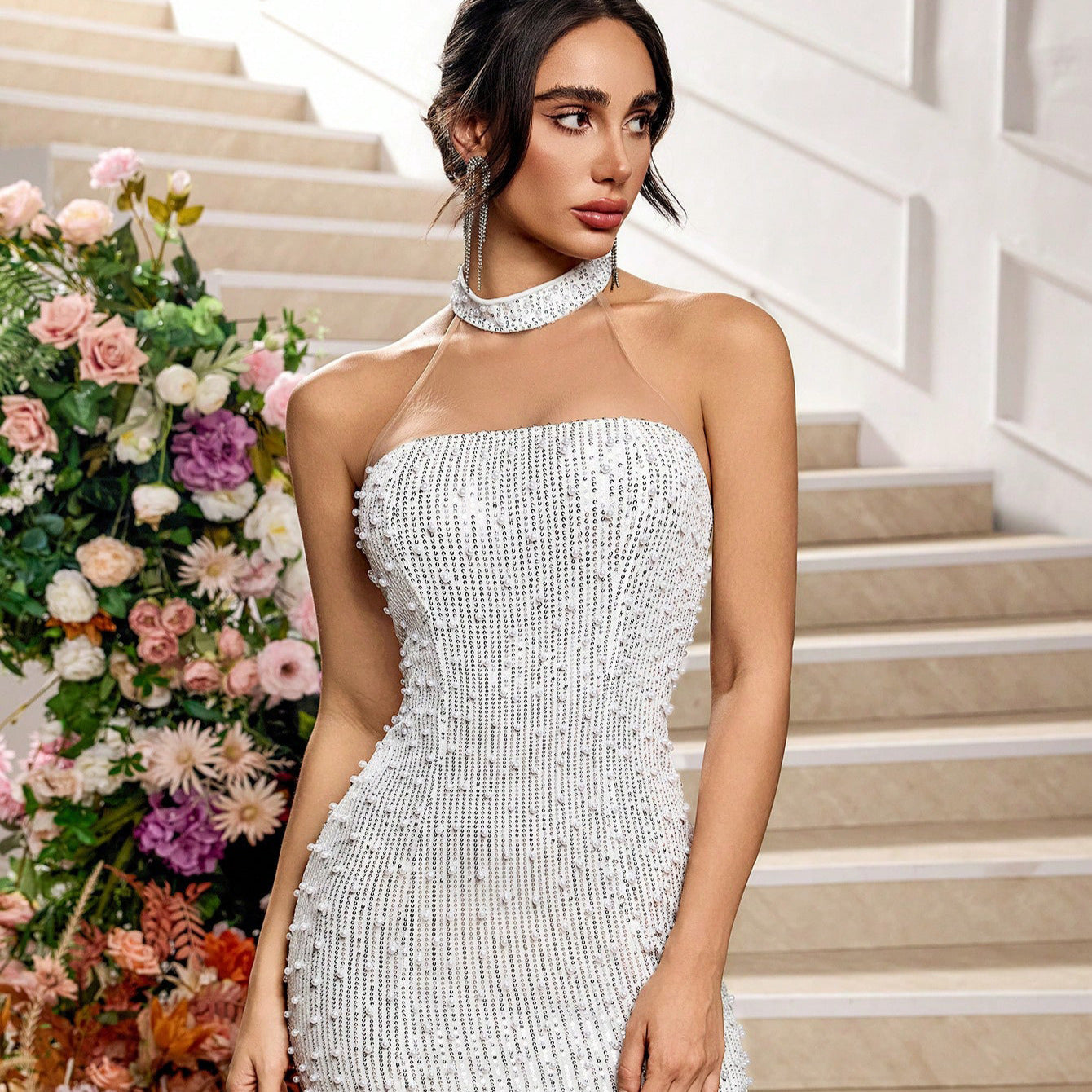 Fashion Solid Color Hollow-out Lace Evening Dress