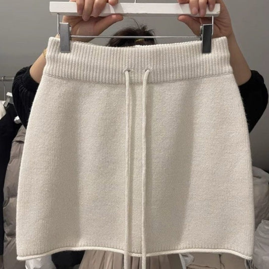 Western Style Elastic Waistband Lace-up Knitted Skirt