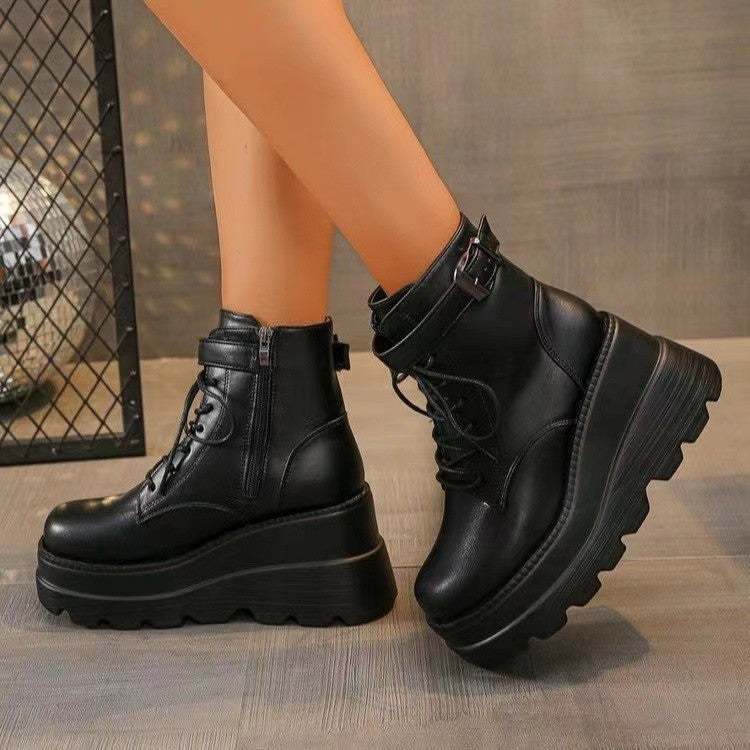 Cosplay Comic Show Boots – 95cm Height-Increasing Platform Wedge Black Slimming Martin Booties