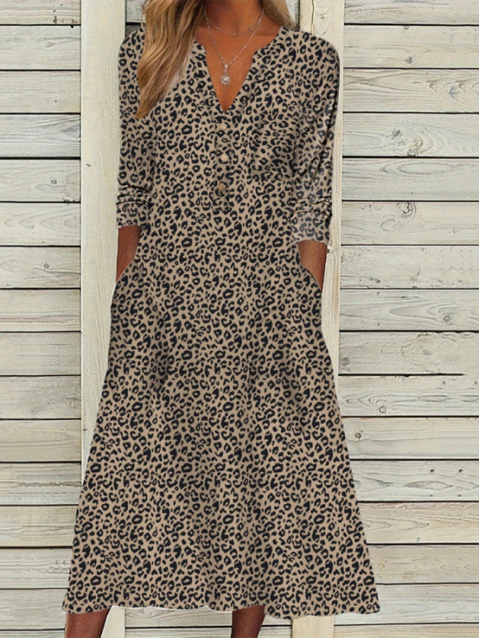 Fashionable V-Neck Leopard Print Dress with Pocket and Button Details, Long Sleeve